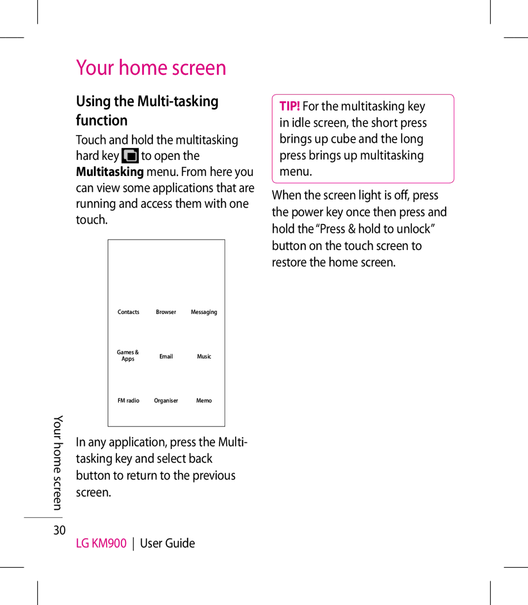 LG Electronics KM900 manual Using the Multi-tasking function, Tasking key and select back, Screen 