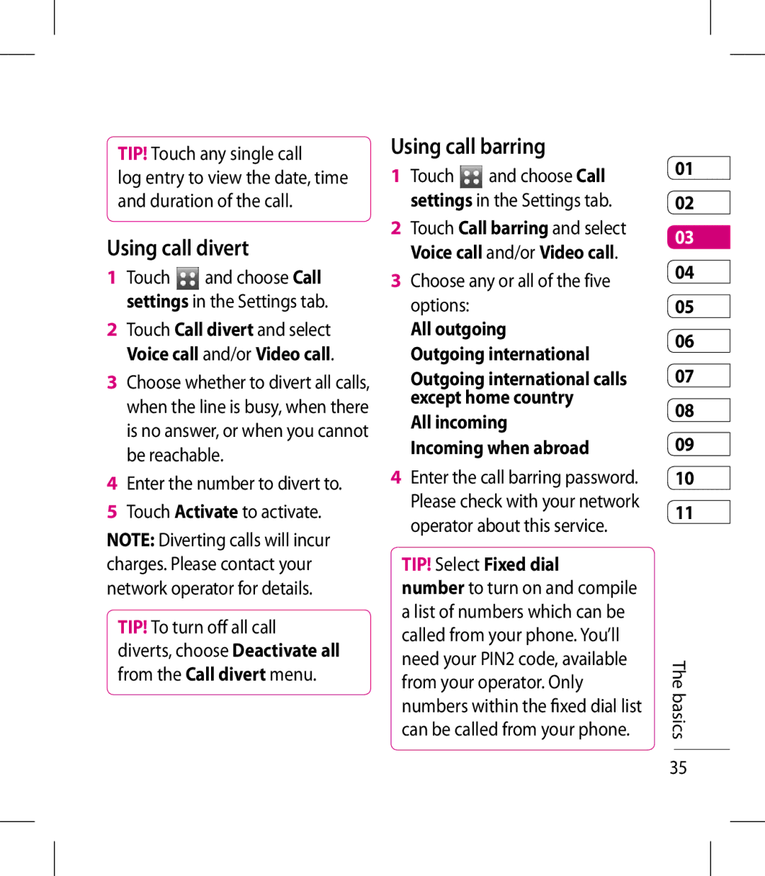 LG Electronics KM900 manual Using call divert, Using call barring, Enter the number to divert to Touch Activate to activate 