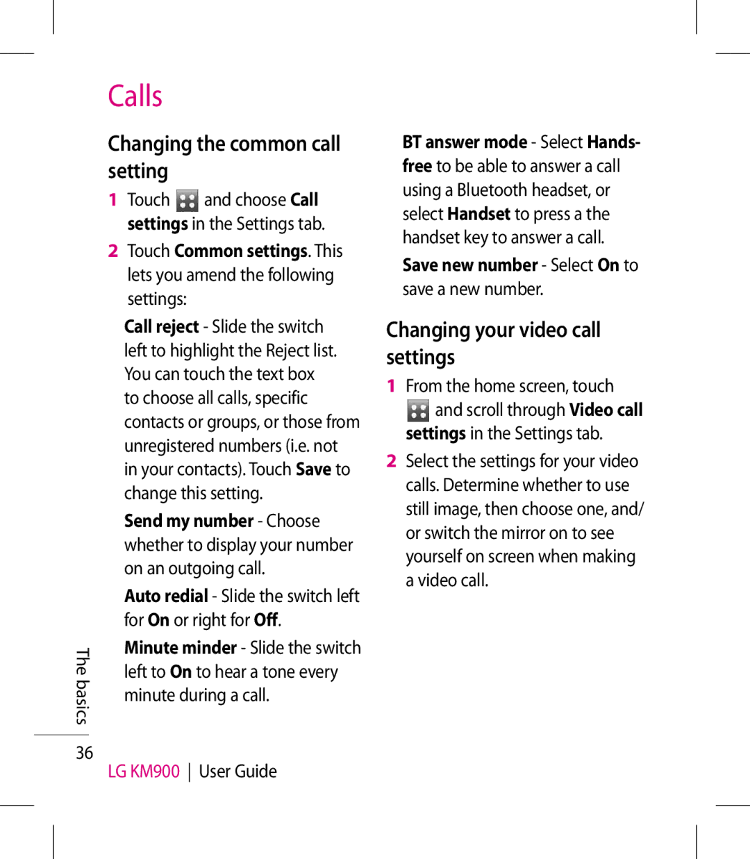 LG Electronics KM900 manual Changing the common call setting, Changing your video call settings 