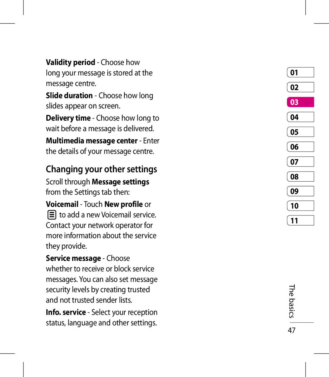 LG Electronics KM900 manual Changing your other settings, Voicemail Touch New profile or 