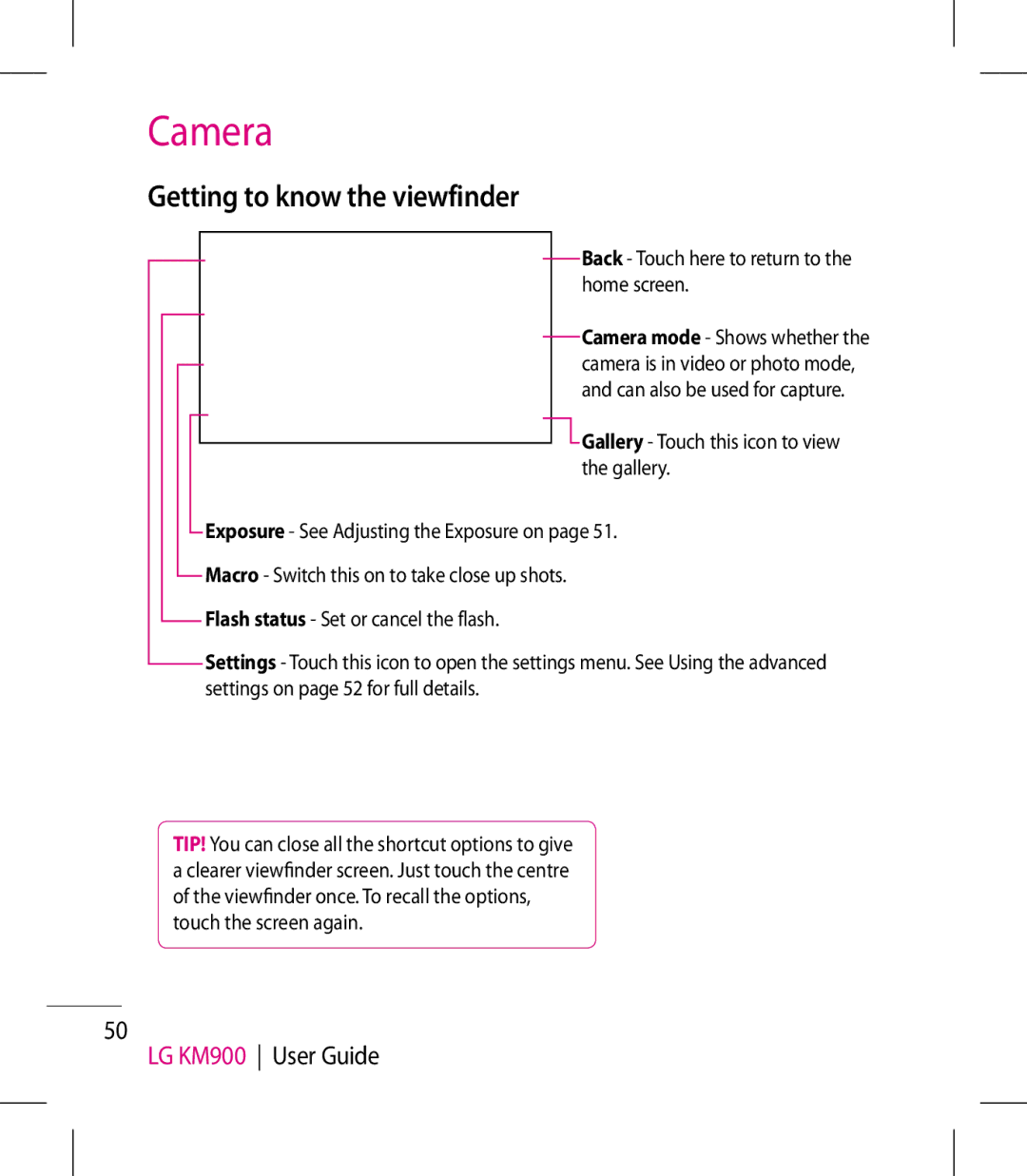 LG Electronics KM900 manual Getting to know the viewfinder, Back Touch here to return to the home screen 