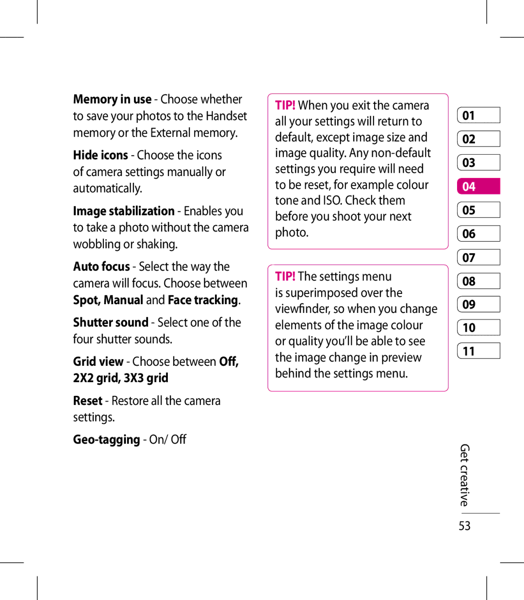 LG Electronics KM900 manual Shutter sound Select one of the four shutter sounds, Reset Restore all the camera settings 