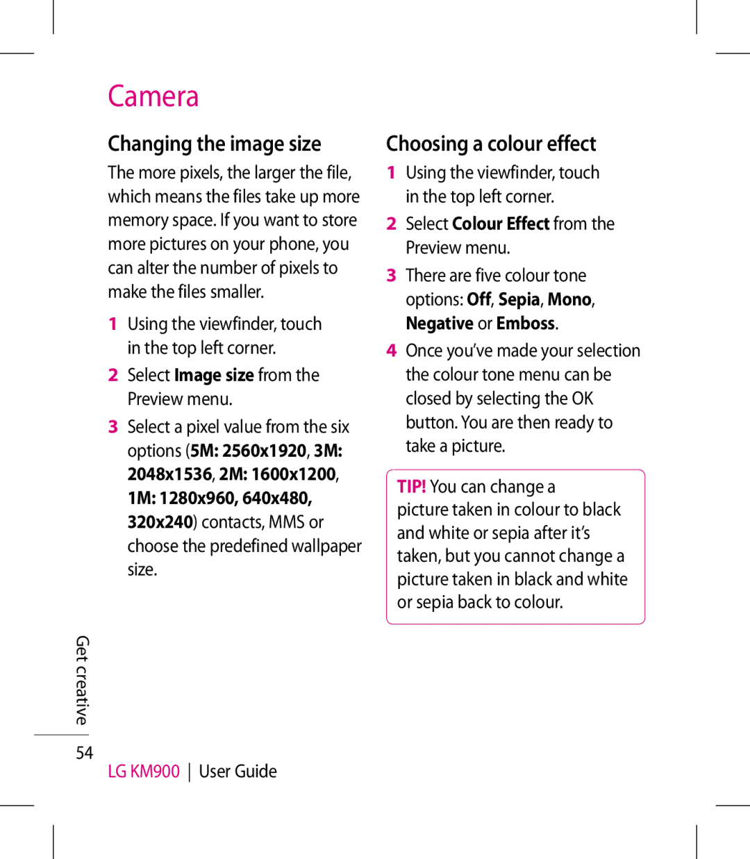 LG Electronics KM900 manual Changing the image size, Choosing a colour effect, Select Image size from the Preview menu 