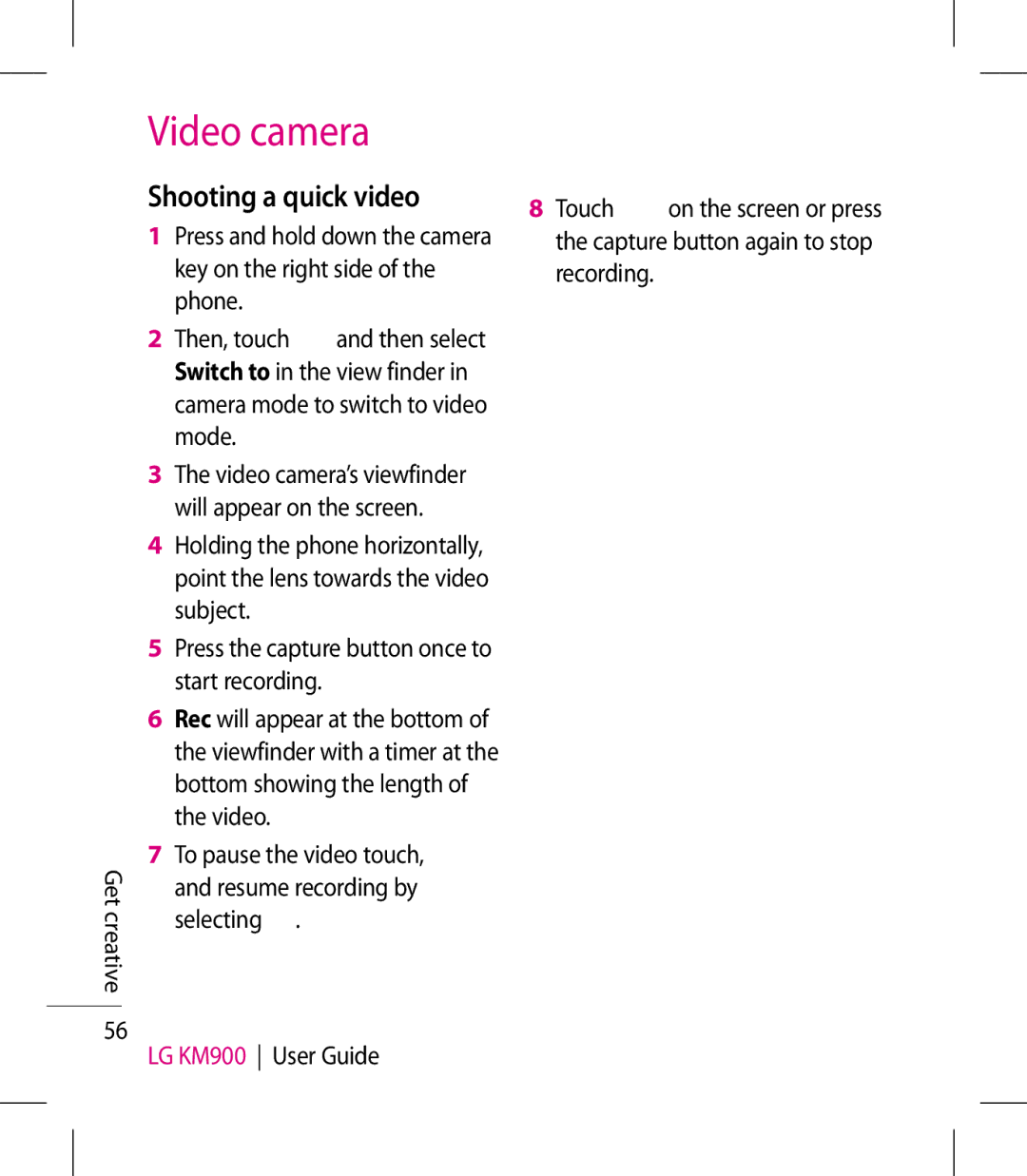 LG Electronics KM900 manual Video camera, Shooting a quick video 