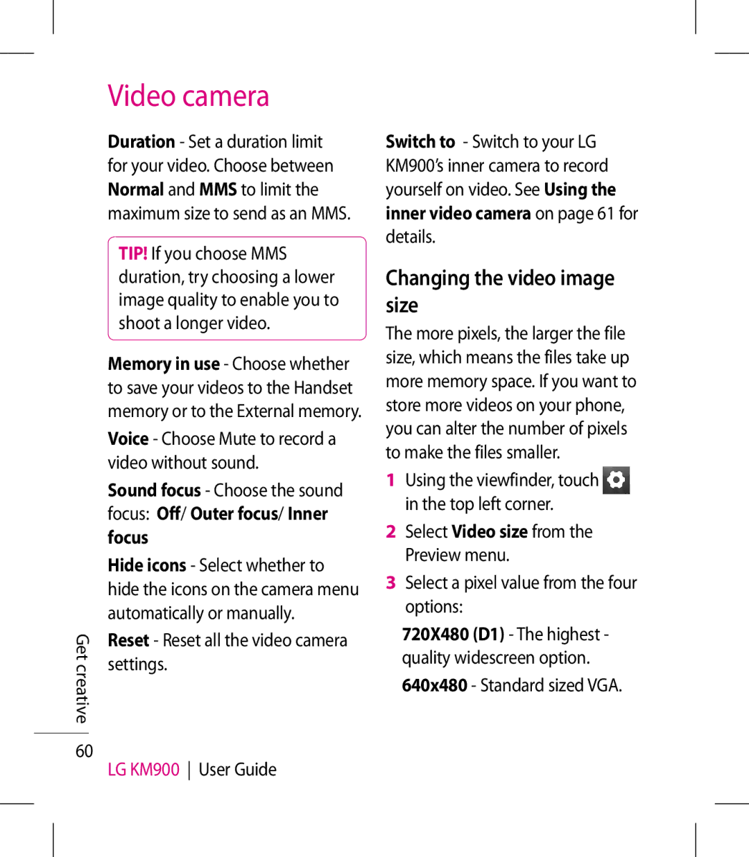 LG Electronics KM900 manual Changing the video image size, Settings 