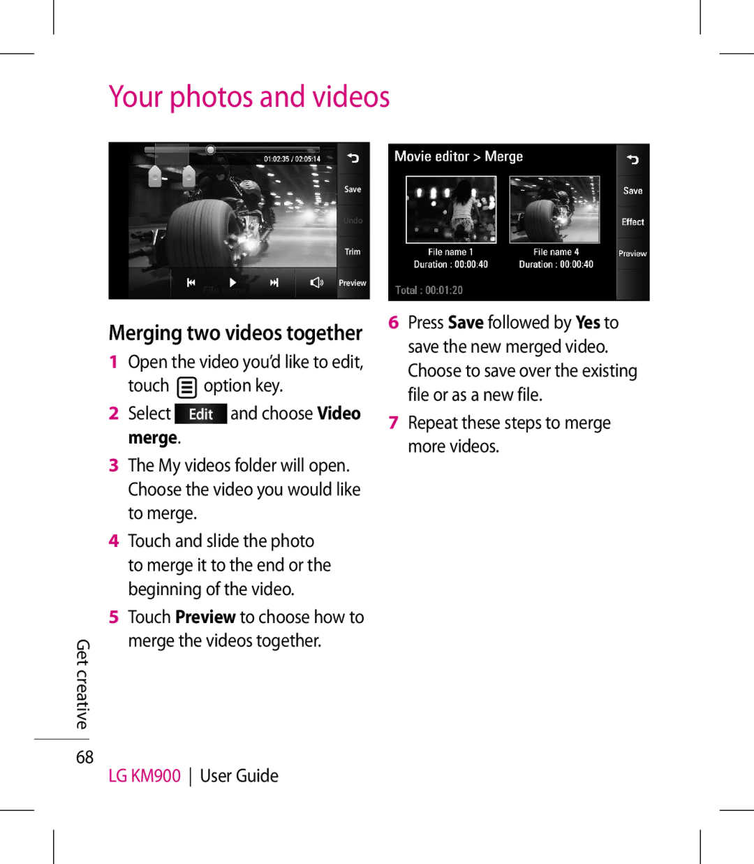 LG Electronics KM900 manual Merging two videos together, Merge 