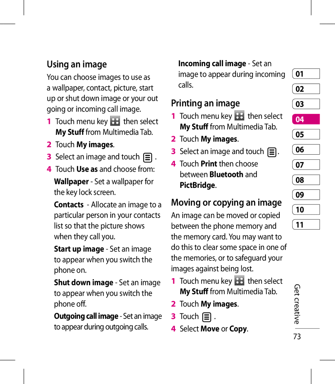 LG Electronics KM900 manual Using an image, Printing an image, Moving or copying an image, Touch My images 