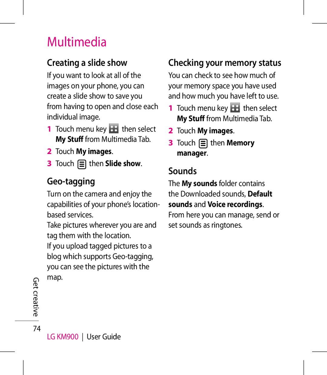 LG Electronics KM900 manual Creating a slide show, Geo-tagging, Checking your memory status, Sounds, Then Slide show 