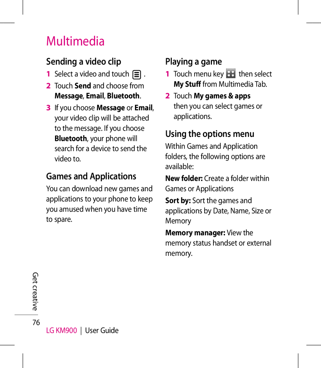 LG Electronics KM900 manual Sending a video clip, Games and Applications, Playing a game, Using the options menu 