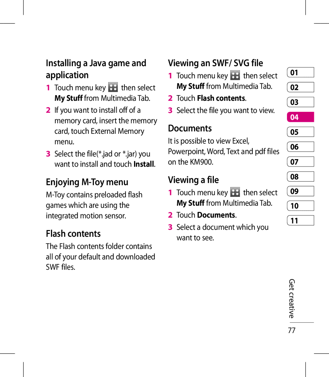 LG Electronics KM900 manual Enjoying M-Toy menu, Flash contents, Documents Viewing a file 