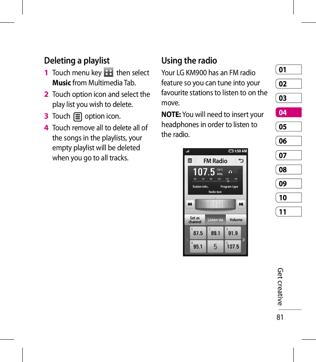 LG Electronics KM900 manual Deleting a playlist, Using the radio 