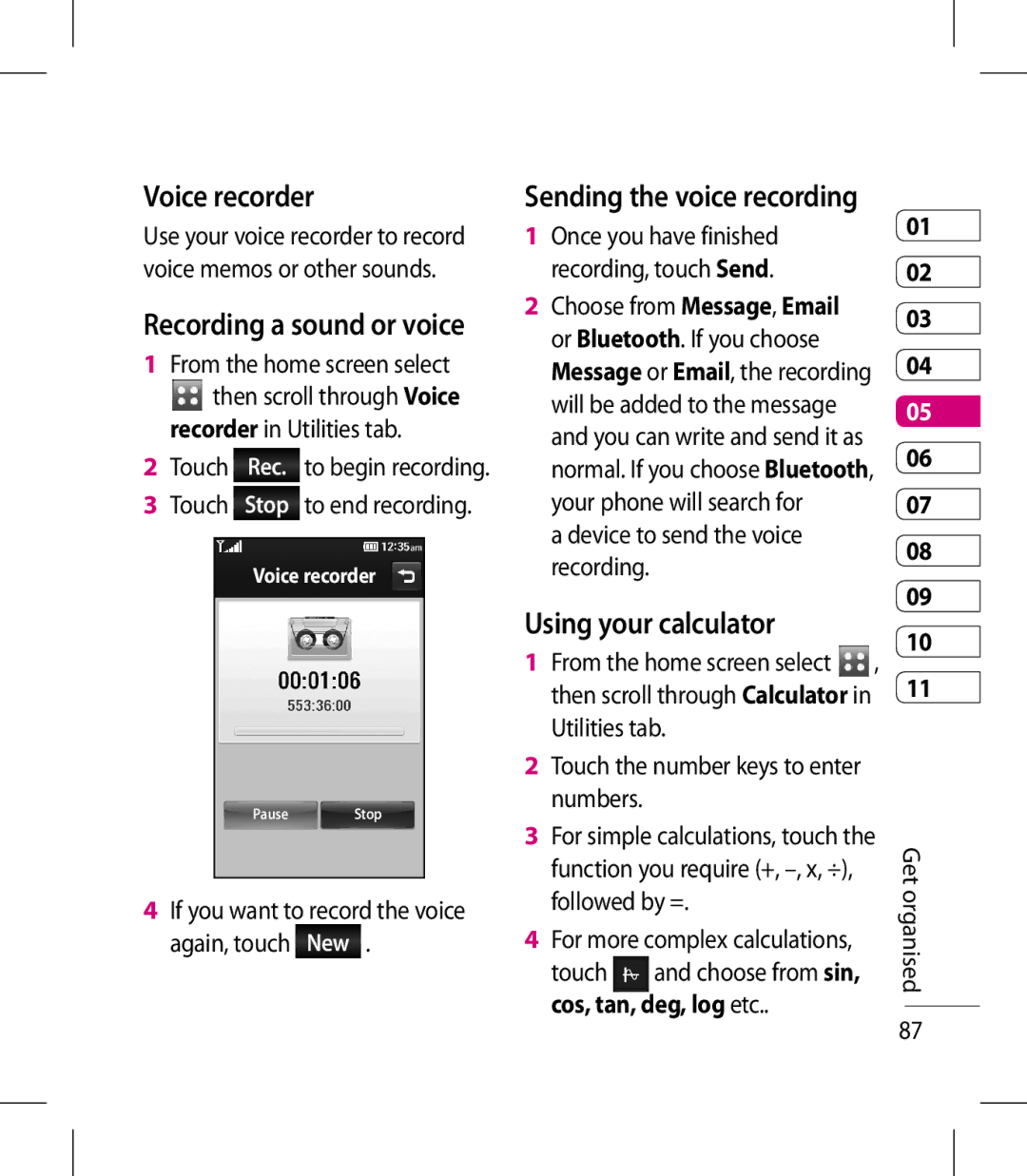 LG Electronics KM900 manual Voice recorder, Using your calculator, Recording a sound or voice, Sending the voice recording 