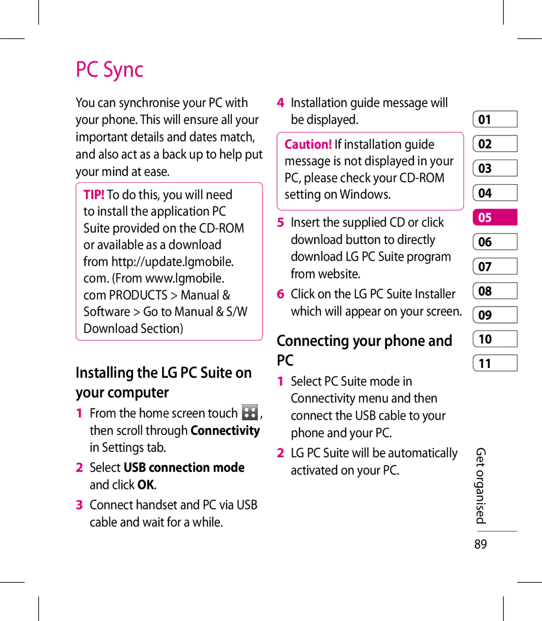 LG Electronics KM900 manual PC Sync, Installing the LG PC Suite on your computer, Connecting your phone 