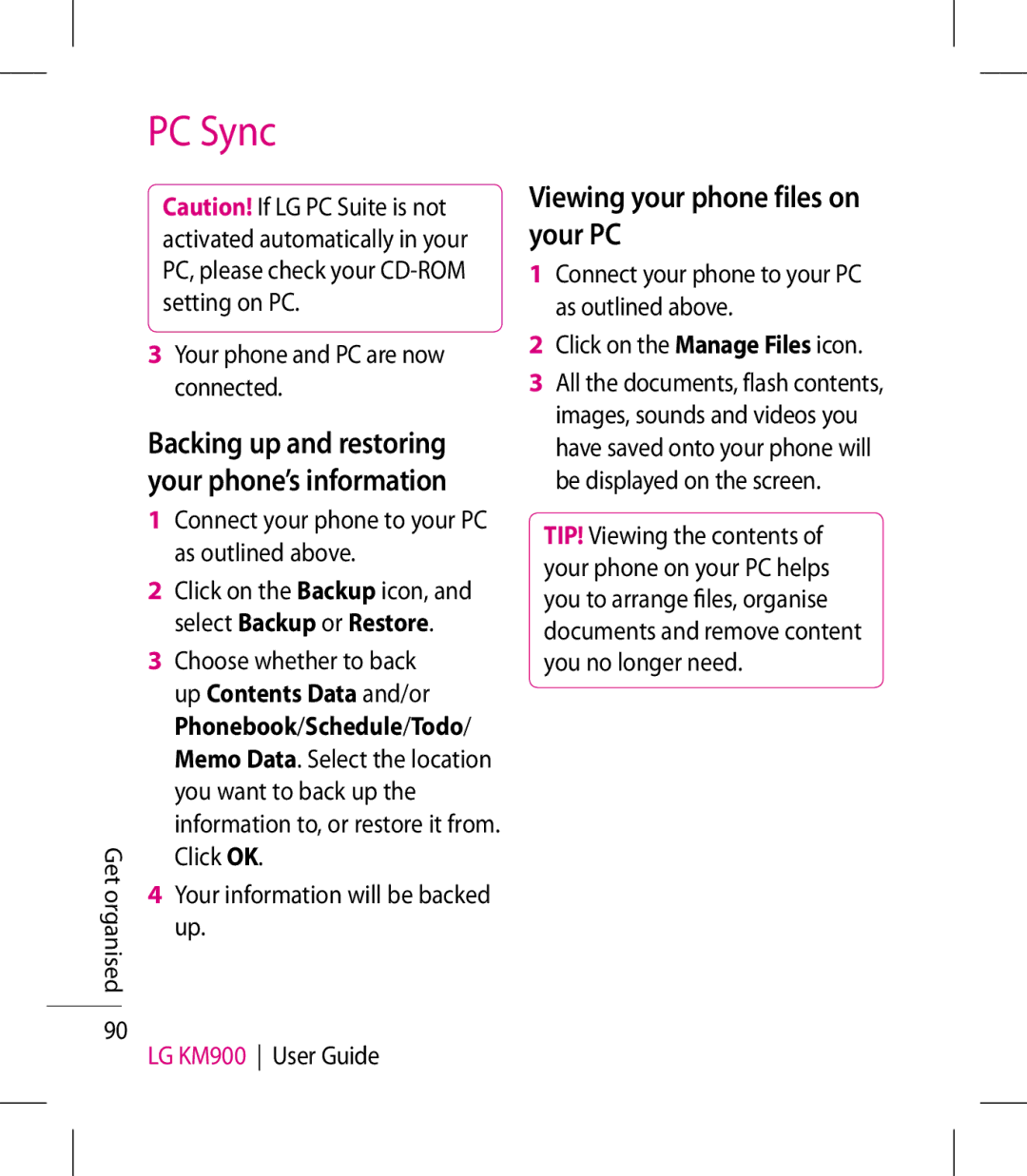 LG Electronics KM900 manual Viewing your phone files on your PC, Select Backup or Restore, Up Contents Data and/or 