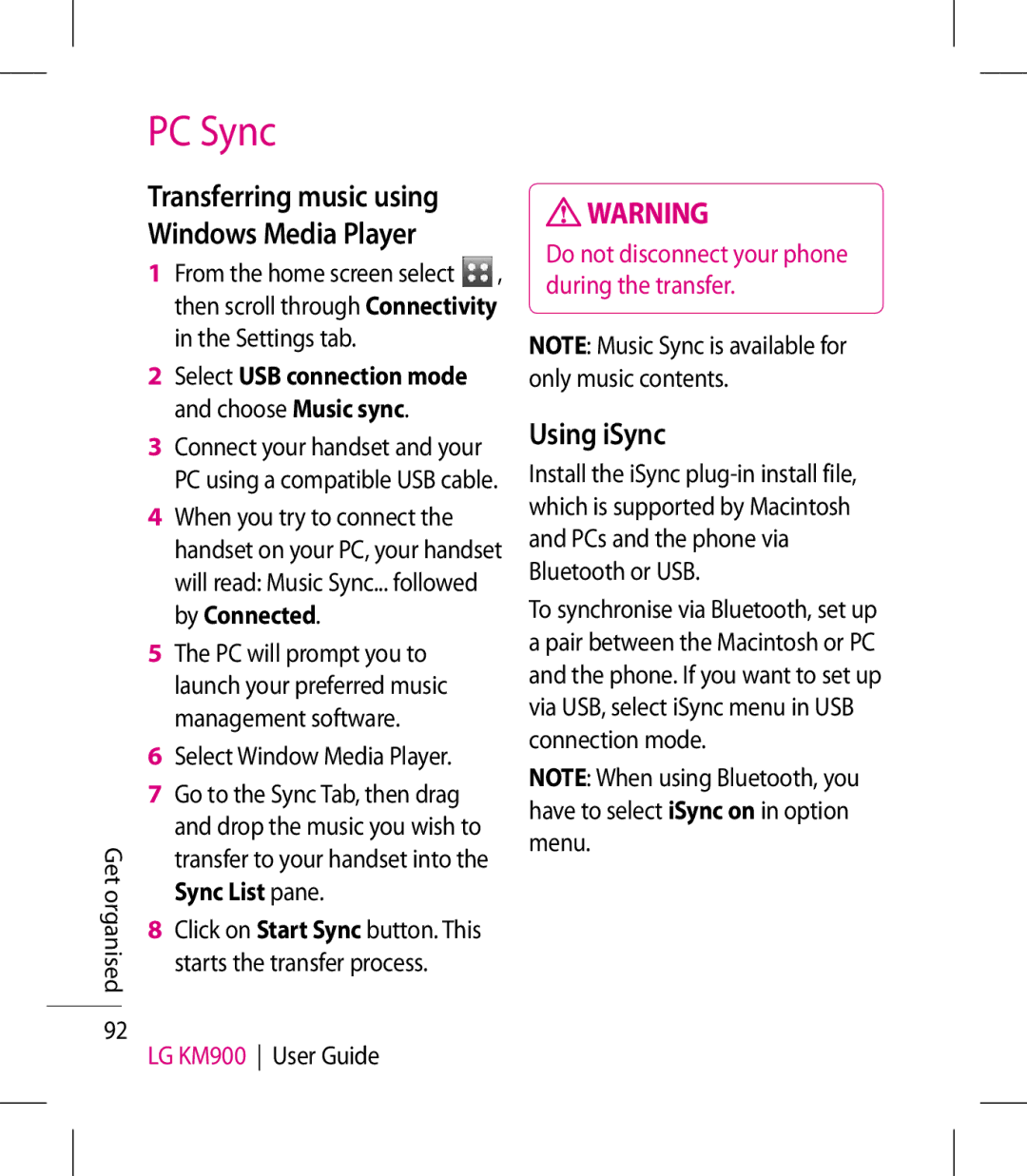 LG Electronics KM900 manual Transferring music using Windows Media Player, Using iSync, By Connected, Sync List pane 