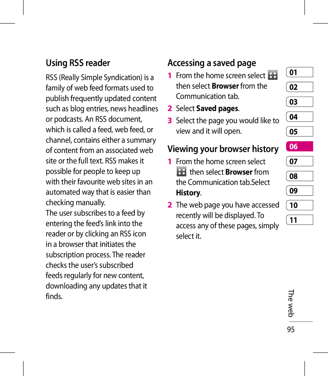 LG Electronics KM900 manual Using RSS reader, Accessing a saved, Select Saved pages 