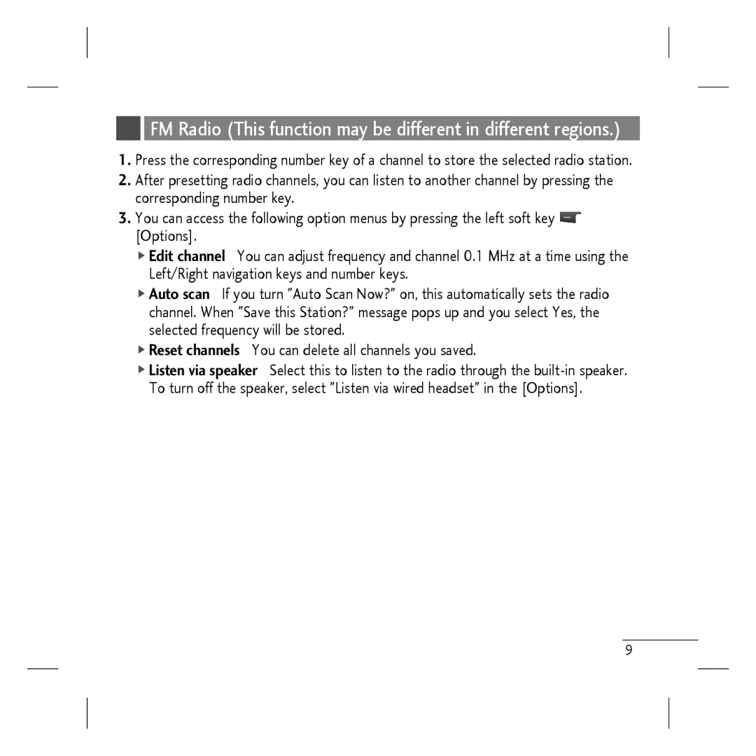 LG Electronics KP106b, MMBB0296801 manual FM Radio This function may be different in different regions 