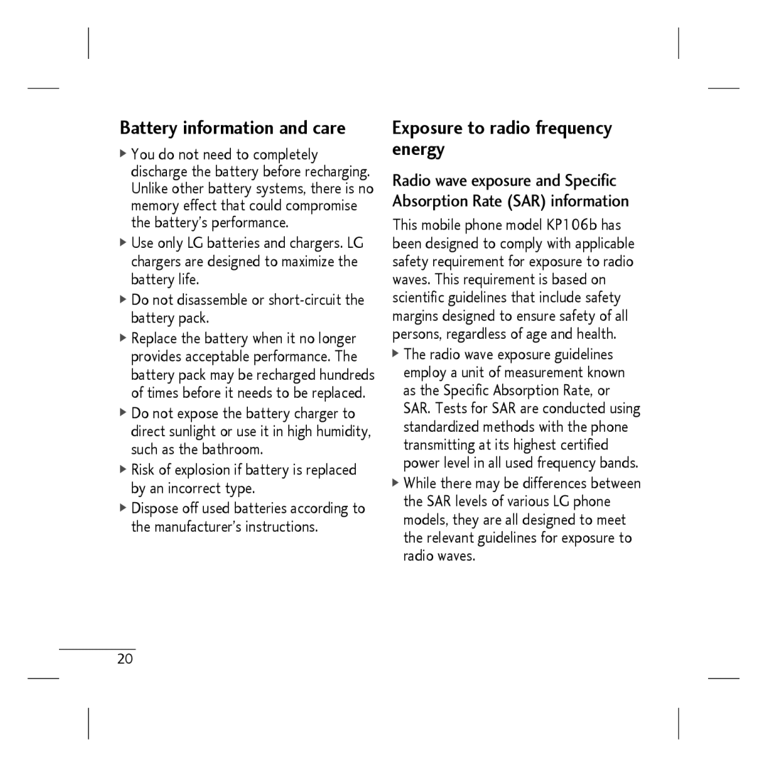 LG Electronics MMBB0296801, KP106b manual Exposure to radio frequency energy, Battery information and care 