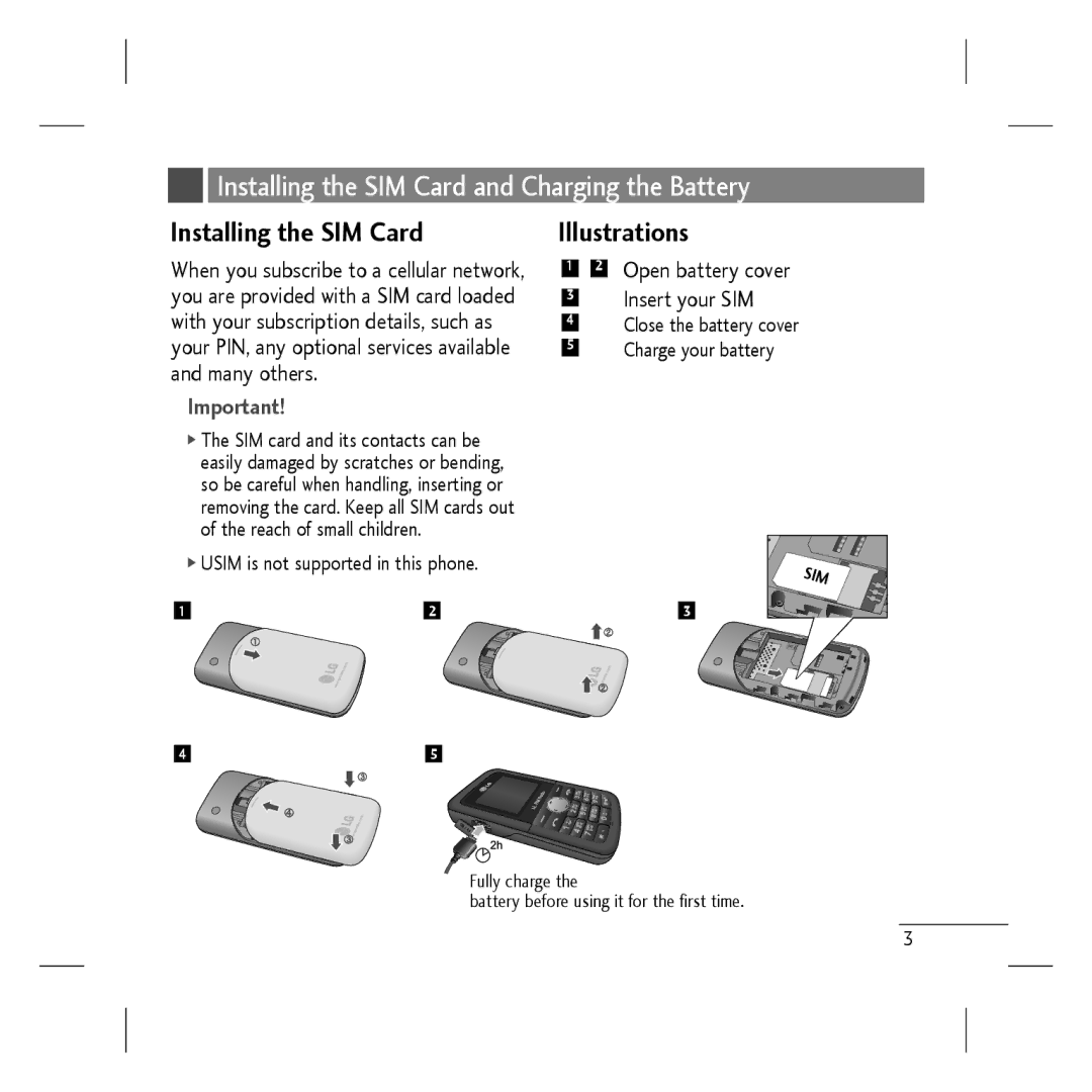 LG Electronics KP106b, MMBB0296801 manual Installing the SIM Card, Illustrations 