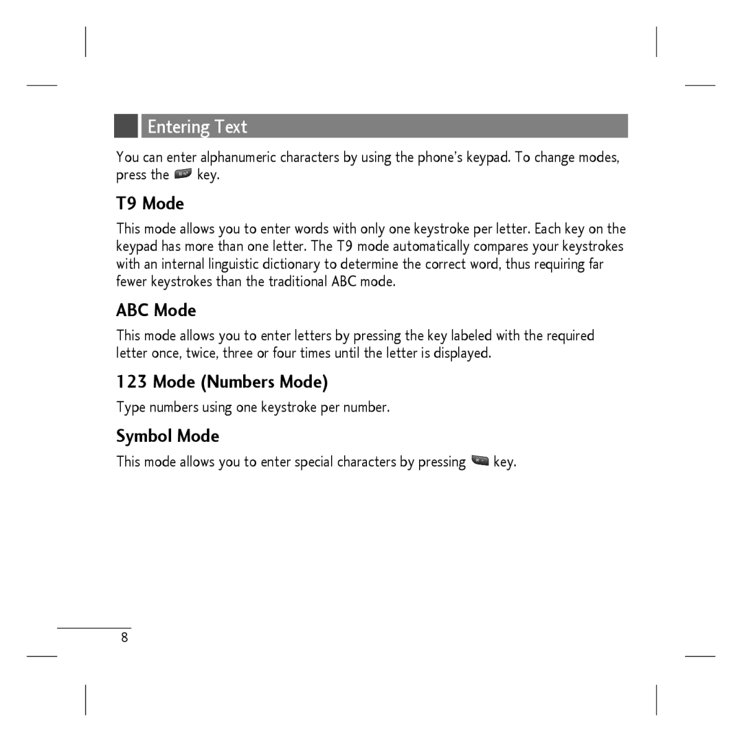 LG Electronics MMBB0296801, KP106b manual T9 Mode, ABC Mode, Mode Numbers Mode, Symbol Mode 