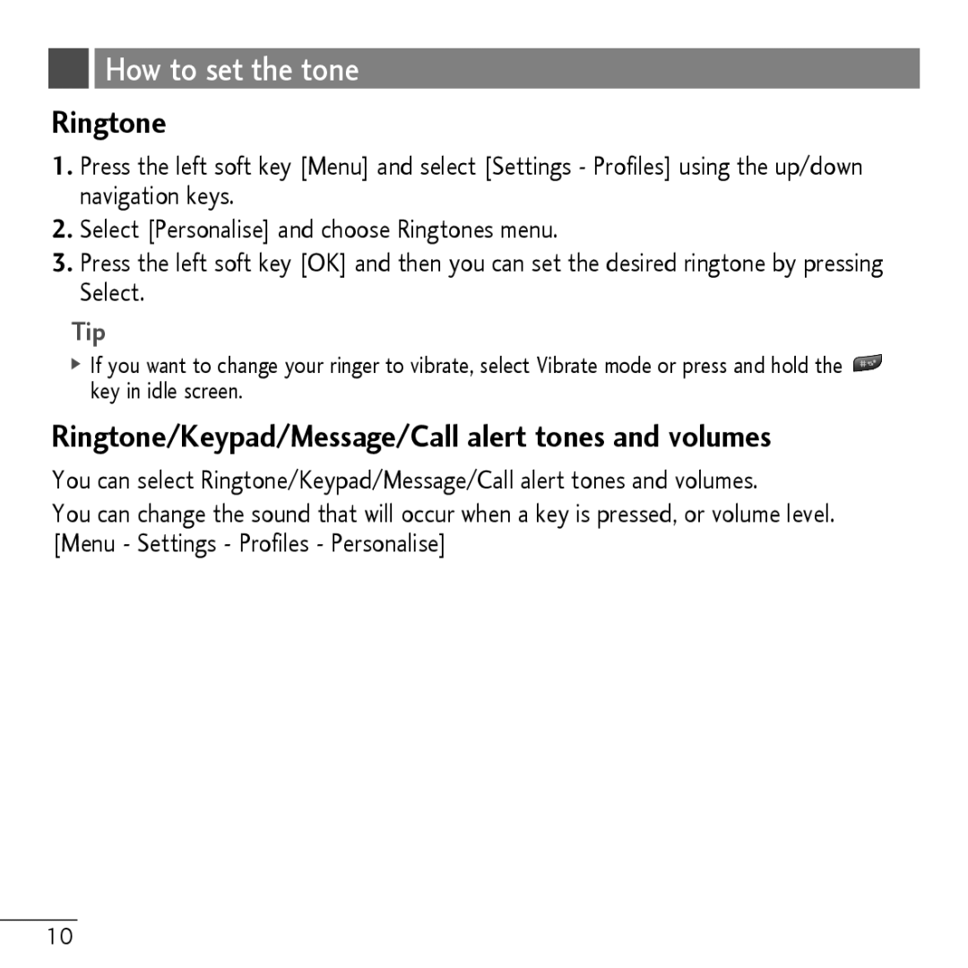 LG Electronics MMBB0, KP107B manual How to set the tone, Ringtone/Keypad/Message/Call alert tones and volumes 