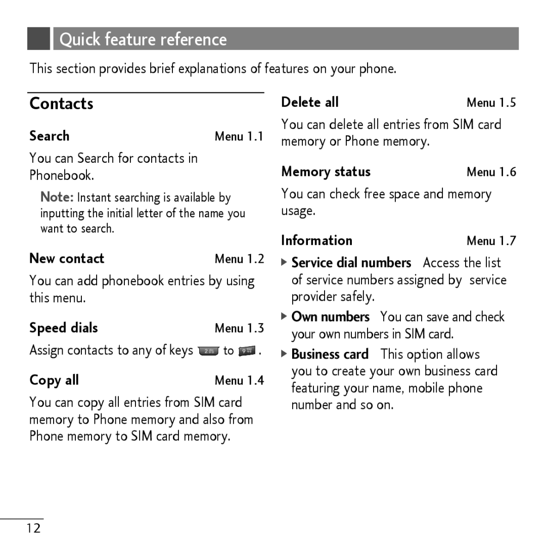 LG Electronics MMBB0, KP107B manual Quick feature reference, Contacts 