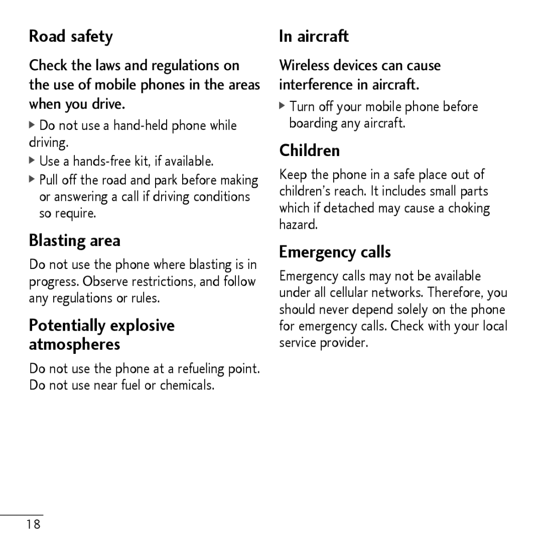 LG Electronics MMBB0, KP107B manual Road safety, Blasting area, Aircraft, Children, Emergency calls 