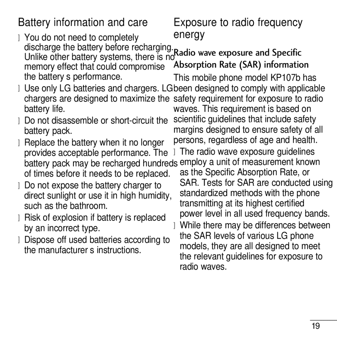 LG Electronics KP107B, MMBB0 manual Exposure to radio frequency energy, Battery information and care 