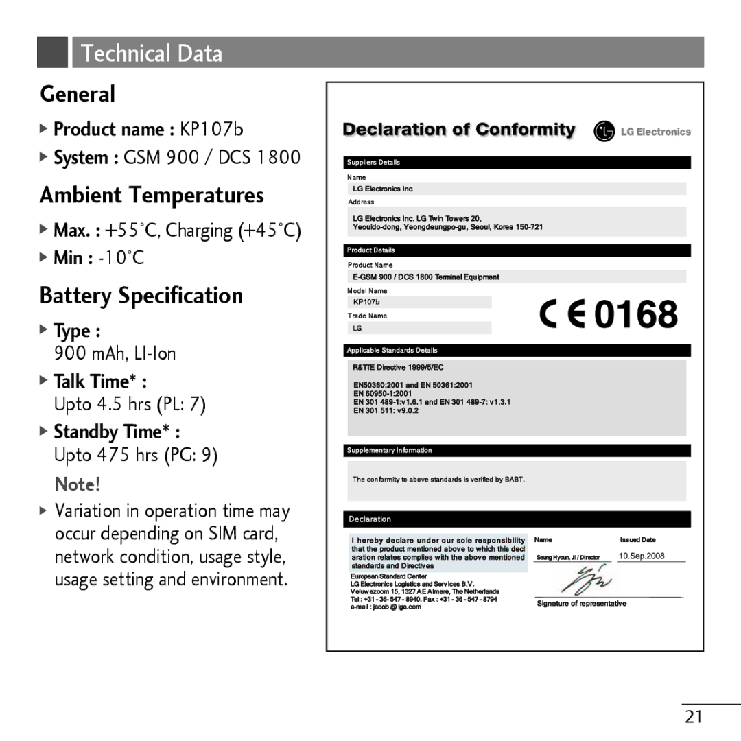 LG Electronics KP107B, MMBB0 manual Technical Data, General, Ambient Temperatures, Battery Specification 