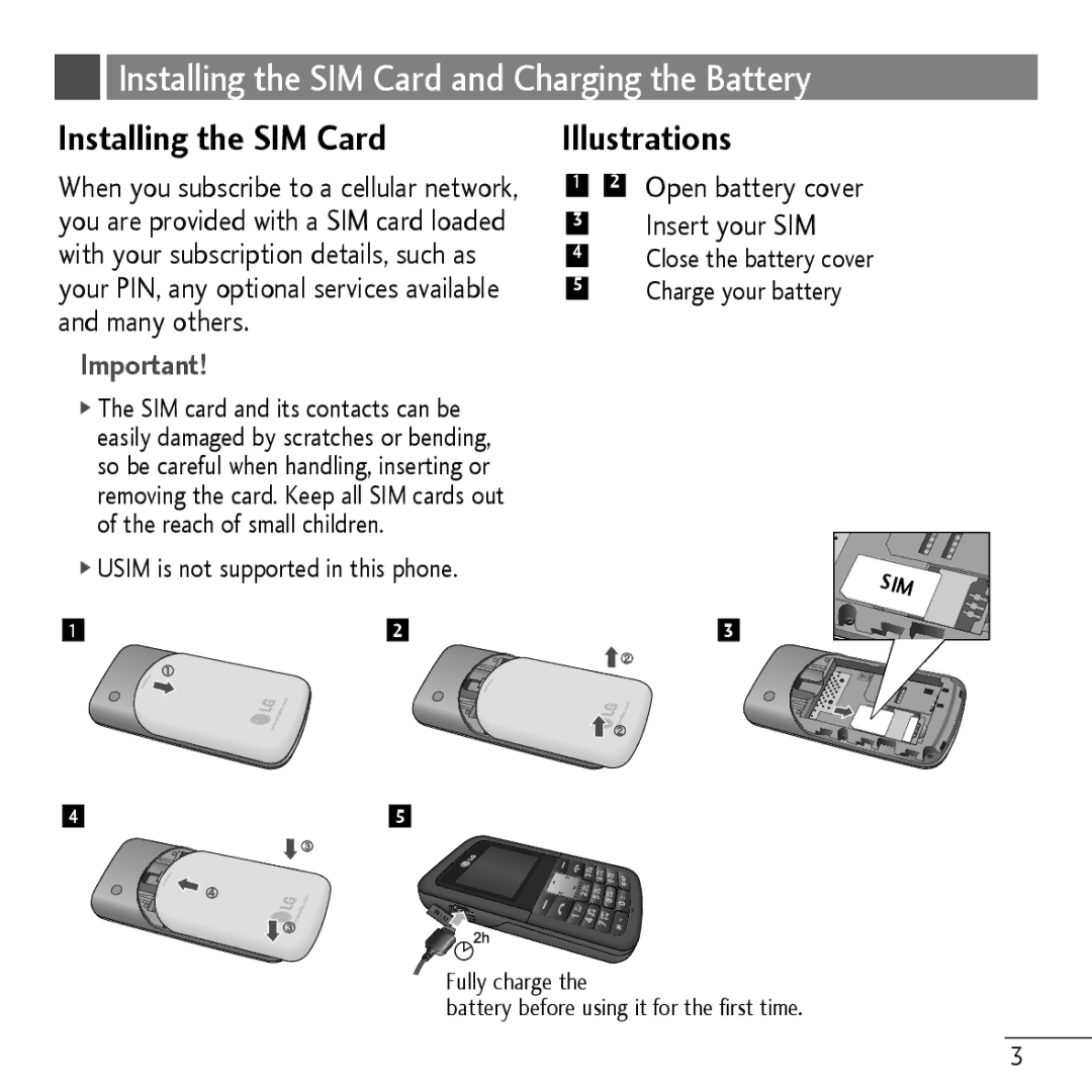 LG Electronics KP107B, MMBB0 manual Installing the SIM Card and Charging the Battery, Illustrations 