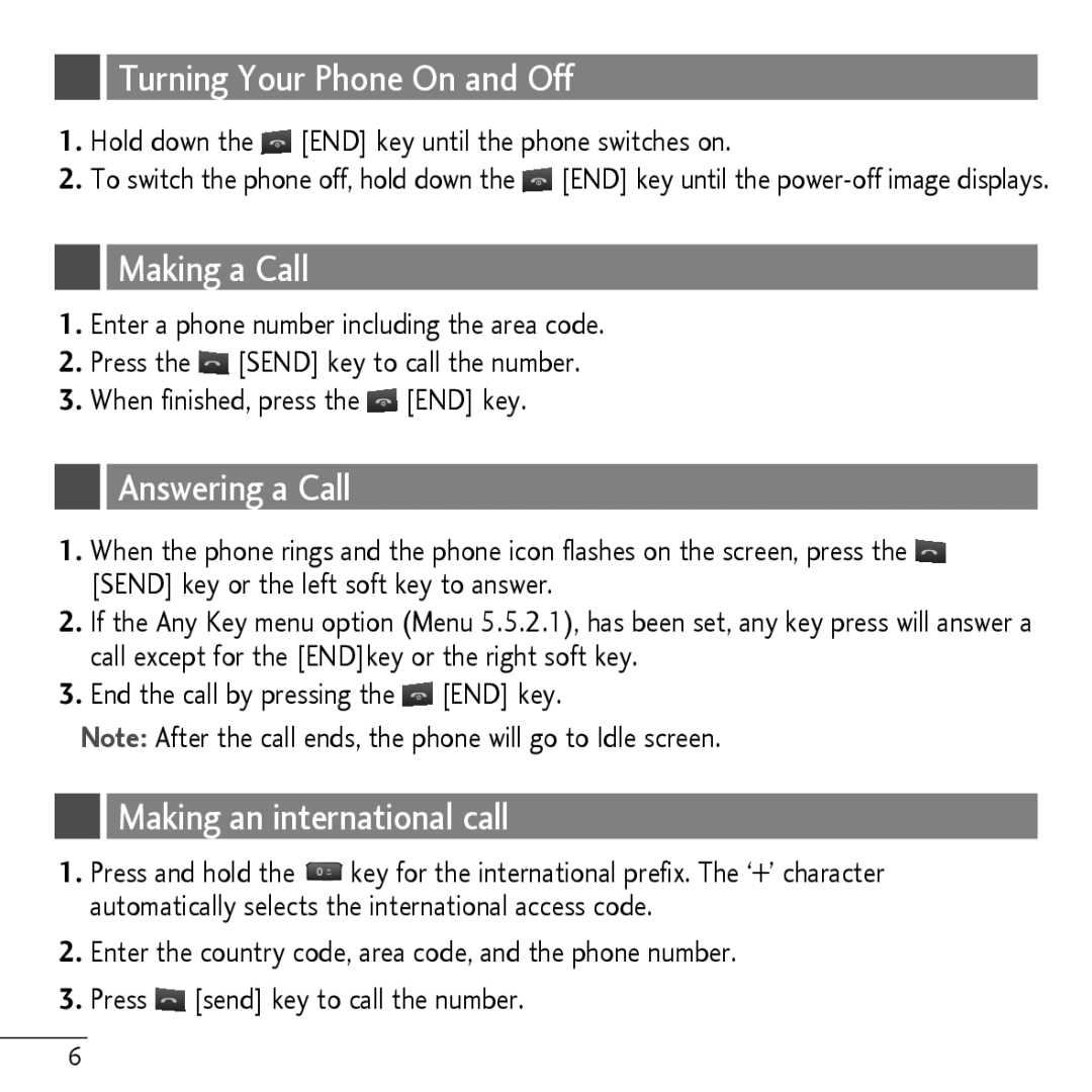 LG Electronics MMBB0, KP107B Turning Your Phone On and Off, Making a Call, Answering a Call, Making an international call 