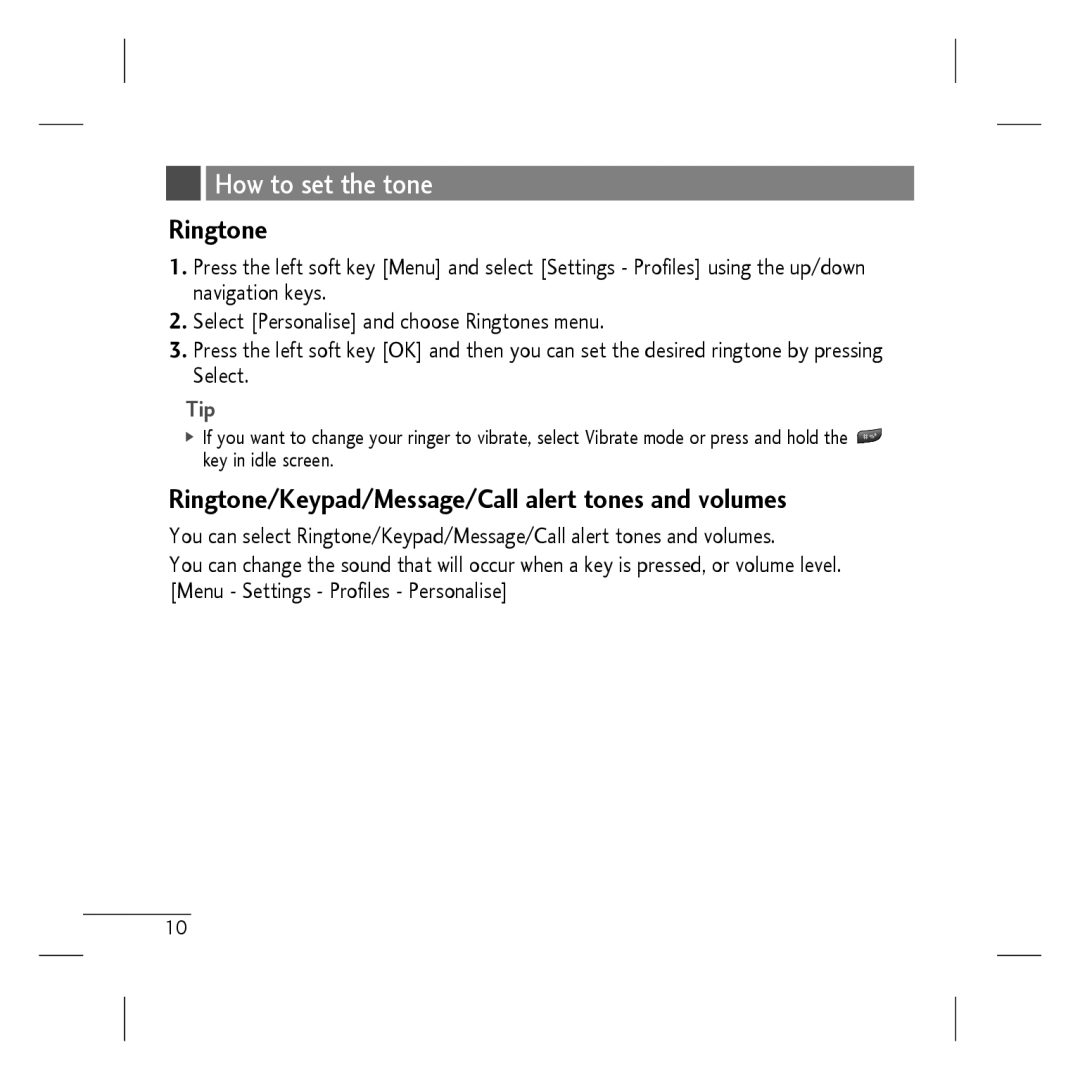 LG Electronics KP107B manual How to set the tone, Ringtone/Keypad/Message/Call alert tones and volumes 