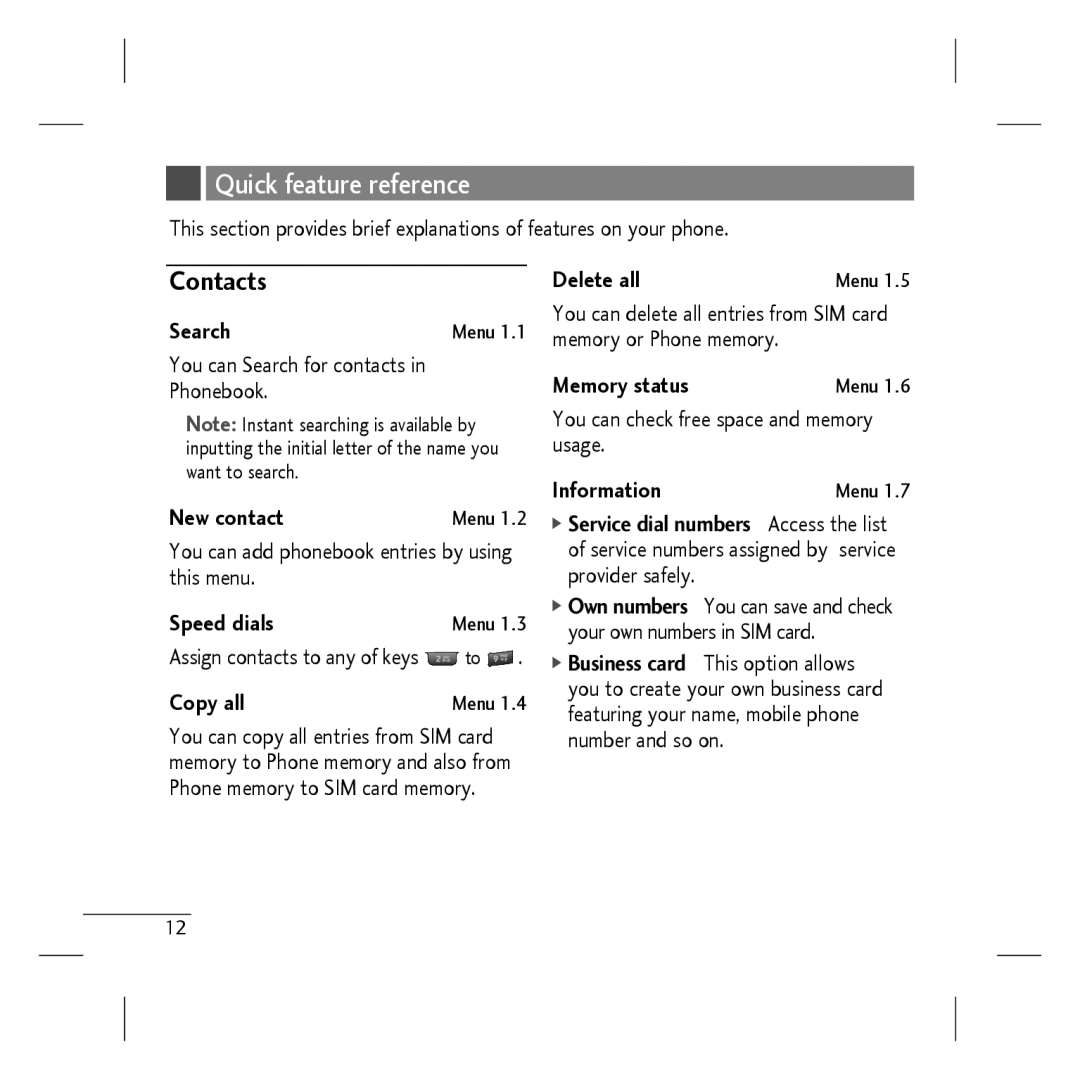 LG Electronics KP107B manual Quick feature reference, Contacts 