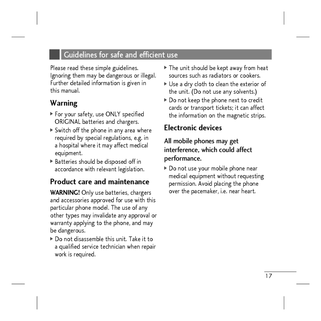 LG Electronics KP107B manual Guidelines for safe and efficient use, Electronic devices, Product care and maintenance 