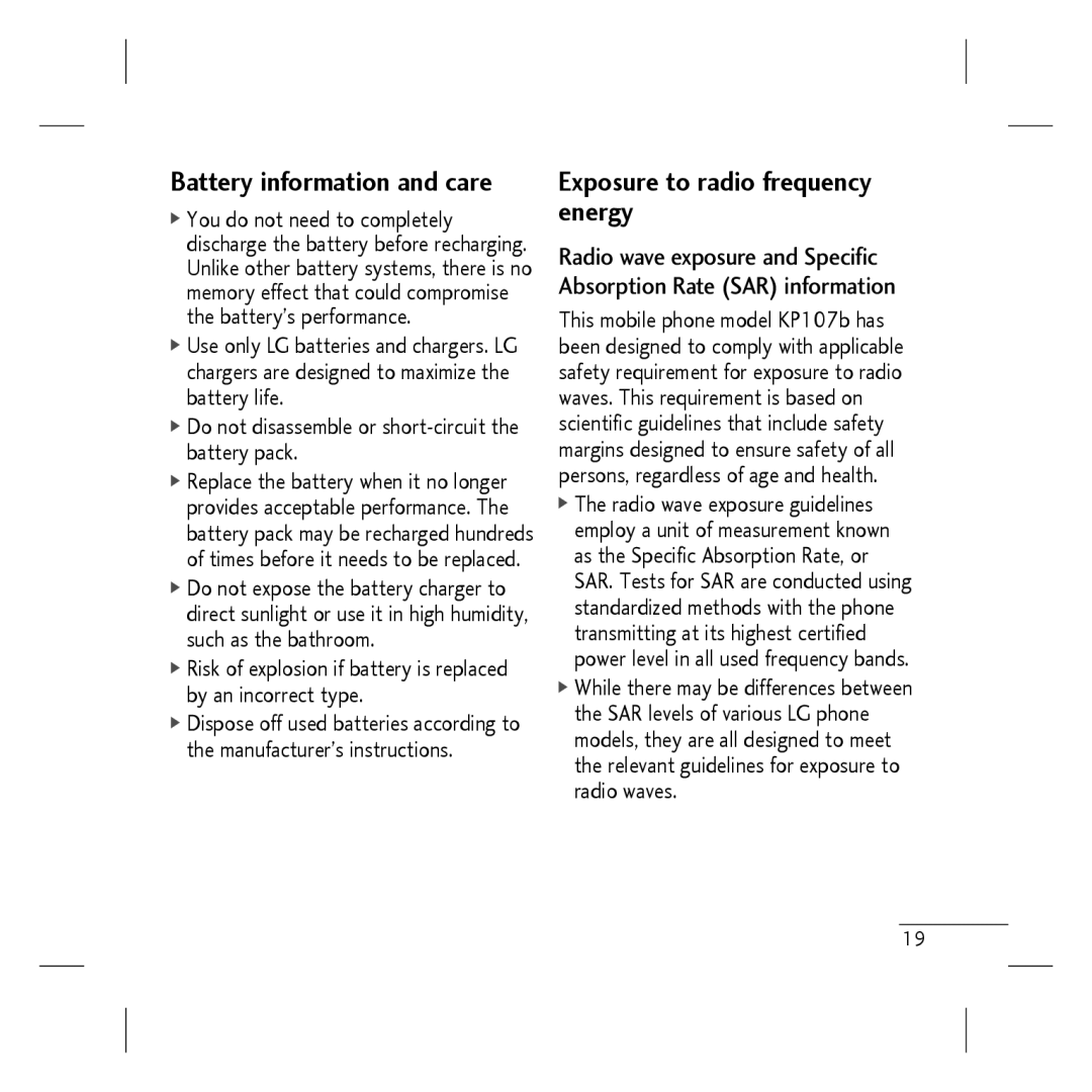 LG Electronics KP107B manual Exposure to radio frequency energy, Battery information and care 