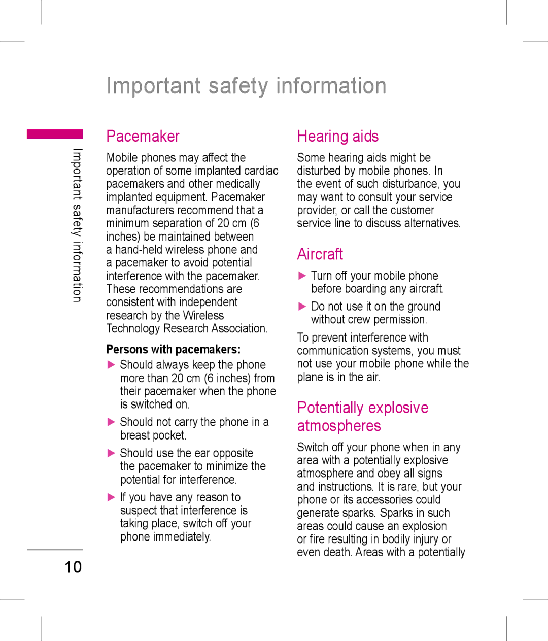 LG Electronics KP199 Important safety information, Pacemaker, Hearing aids, Aircraft, Potentially explosive atmospheres 