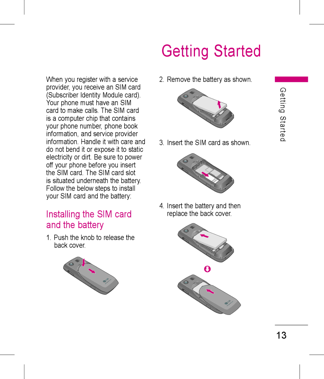 LG Electronics KP199 Getting Started, Installing the SIM card and the battery, Push the knob to release the back cover 