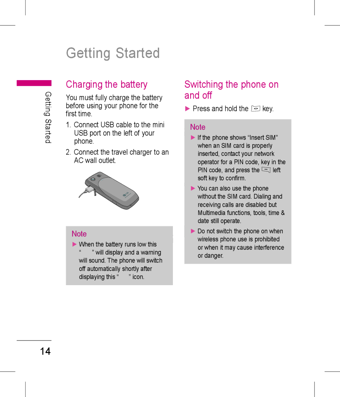 LG Electronics KP199 manual Getting Started, Charging the battery 