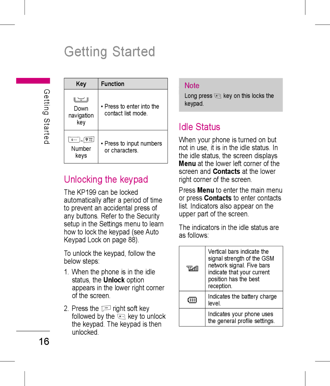 LG Electronics KP199 manual Unlocking the keypad, Idle Status, To unlock the keypad, follow the below steps 