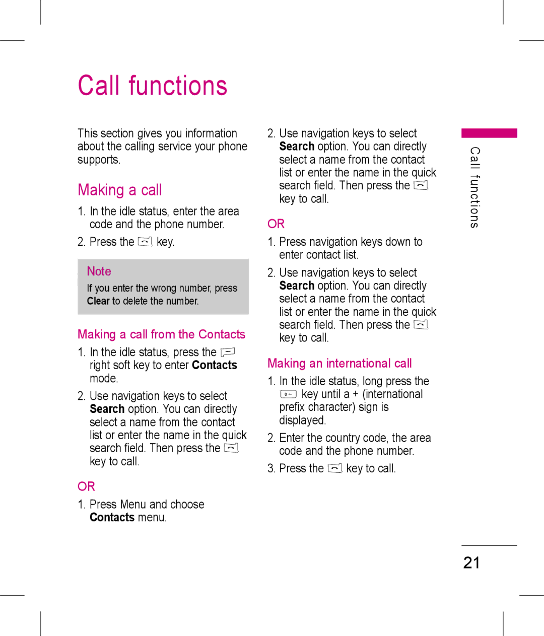 LG Electronics KP199 manual Call functions, Making a call from the Contacts, Making an international call 