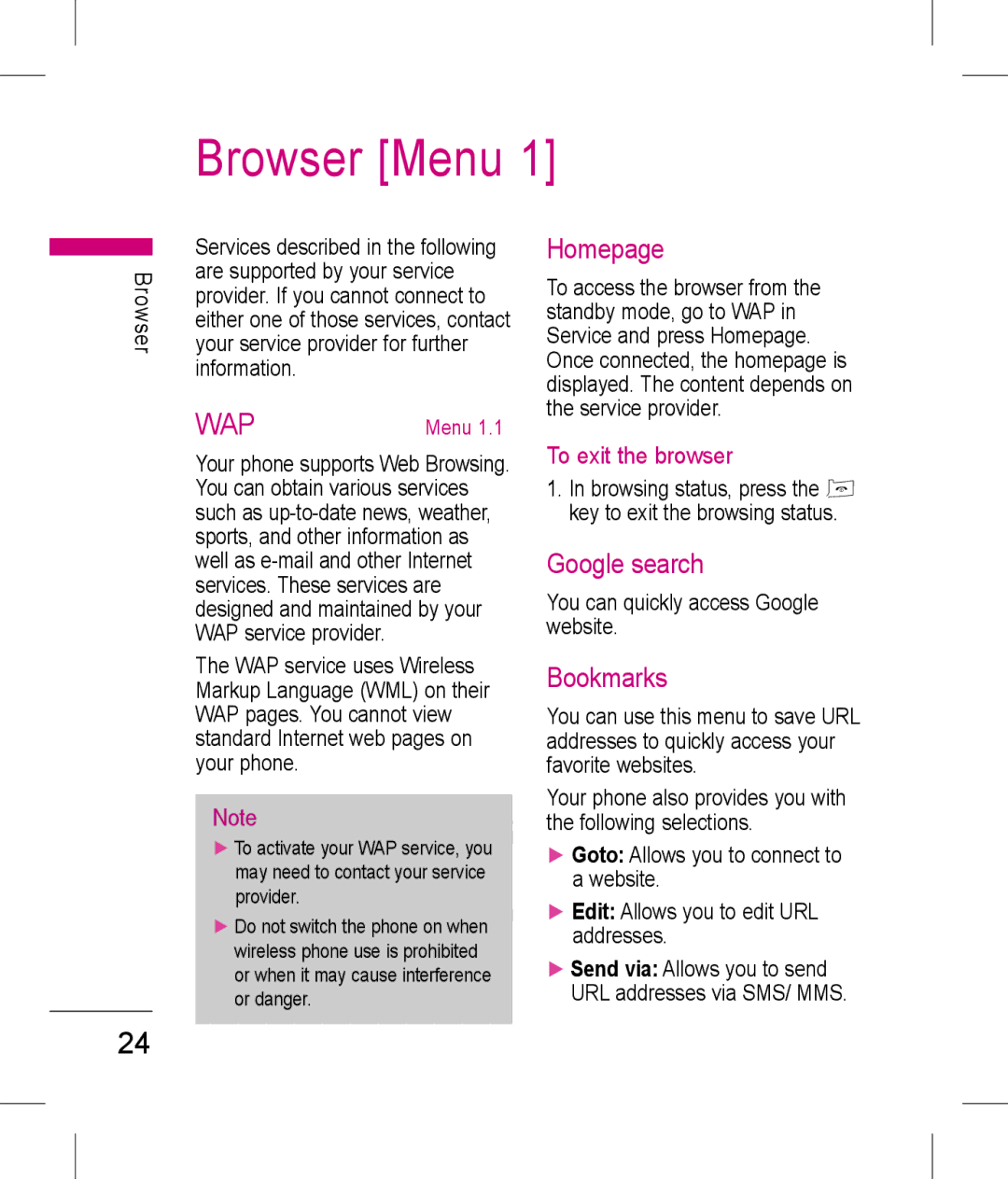 LG Electronics KP199 manual Browser Menu, Homepage, Google search, Bookmarks, To exit the browser 