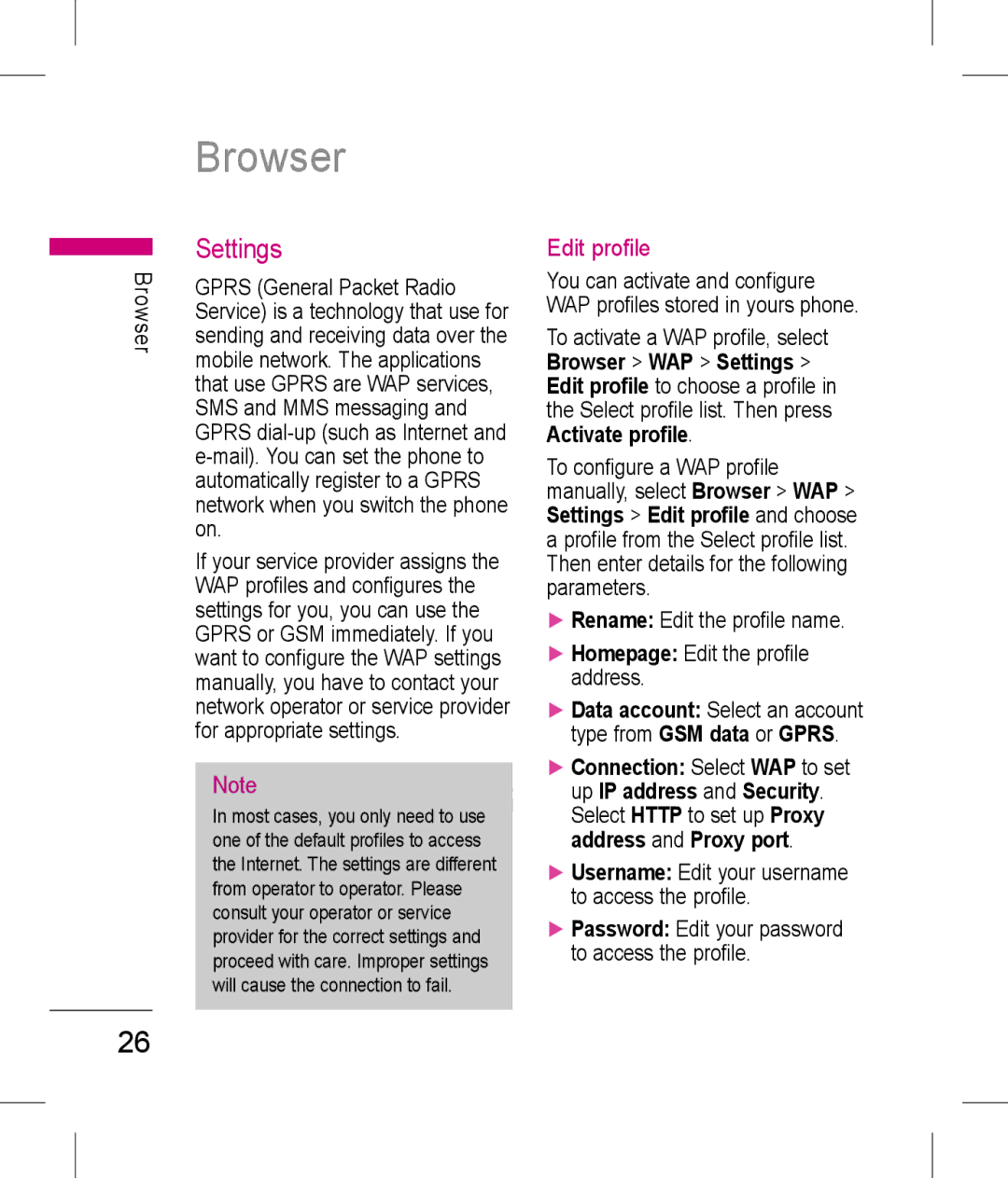 LG Electronics KP199 manual Browser, Edit profile, Rename Edit the profile name, Homepage Edit the profile address 