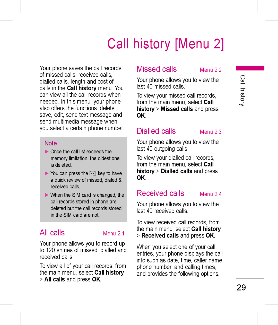 LG Electronics KP199 manual Call history Menu, All calls, Missed calls, Dialled calls, Received calls 