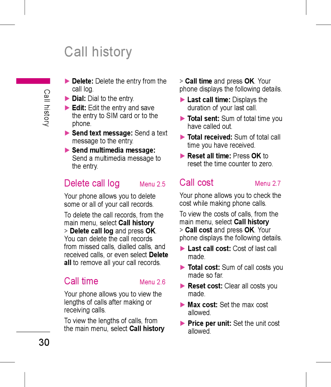 LG Electronics KP199 manual Call history, Delete call log, Call time, Call cost 