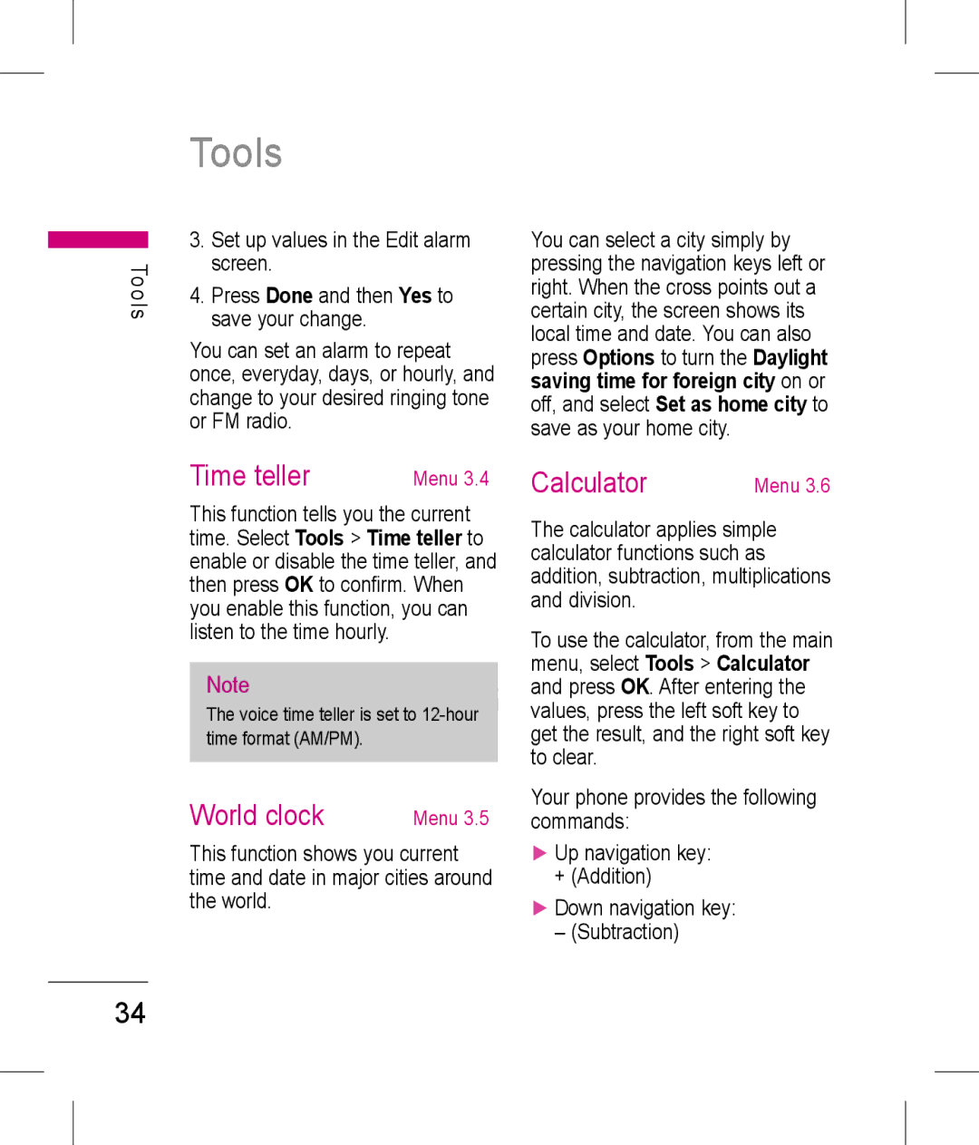 LG Electronics KP199 manual Tools, Time teller, World clock, Calculator, Set up values in the Edit alarm screen 