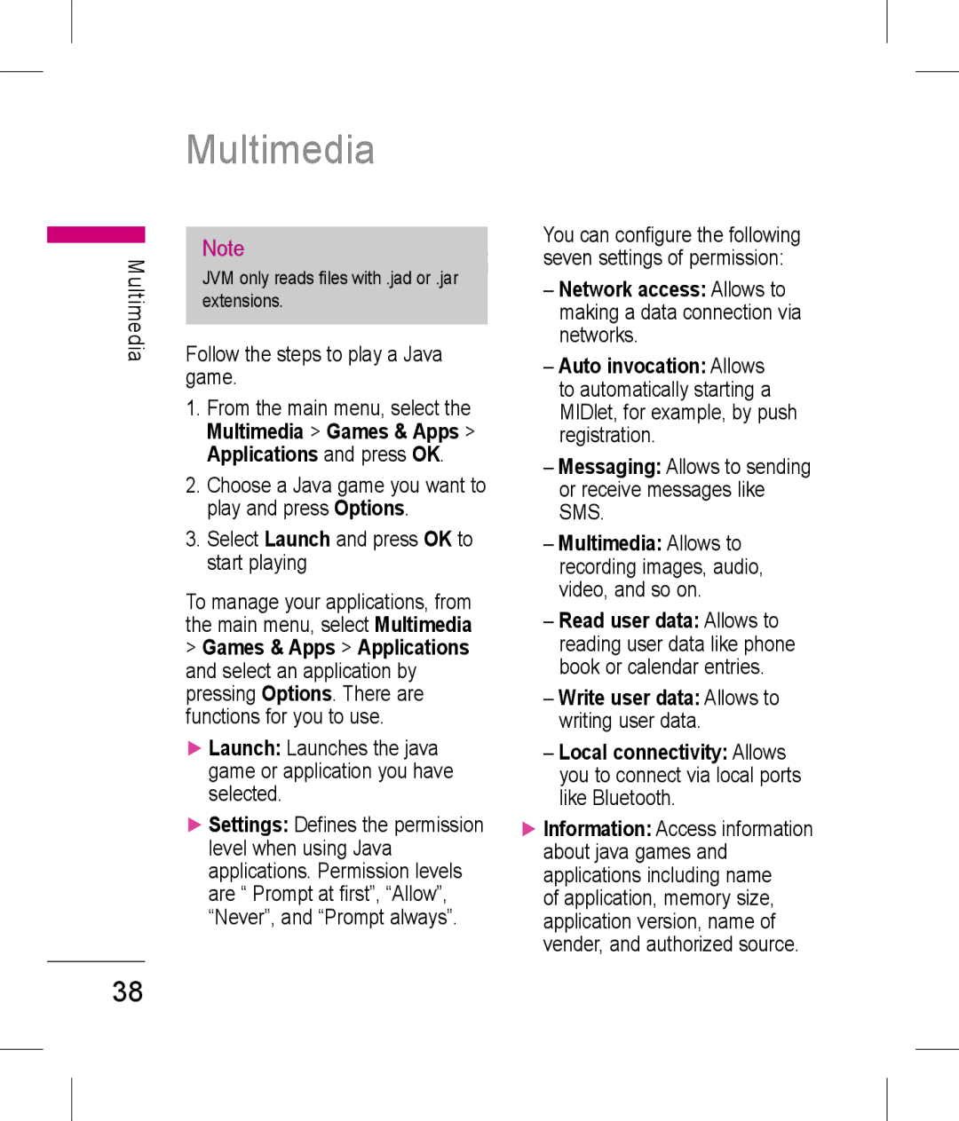 LG Electronics KP199 manual Multimedia, Follow the steps to play a Java game, Select Launch and press OK to start playing 