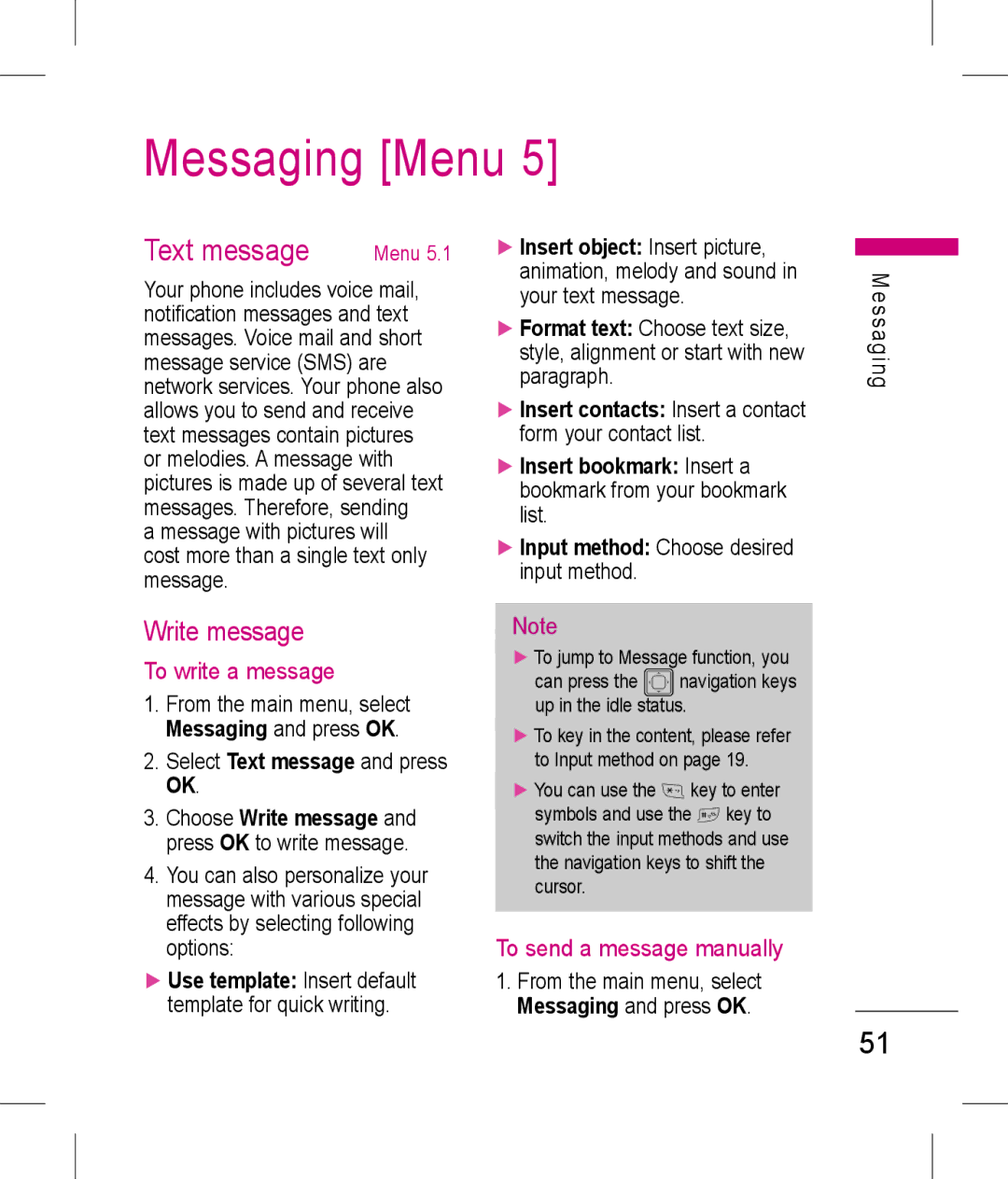 LG Electronics KP199 Messaging Menu, Text message, Write message, To write a message, To send a message manually 