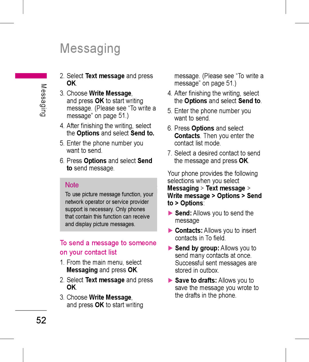 LG Electronics KP199 Messaging, To send a message to someone on your contact list, Enter the phone number you want to send 