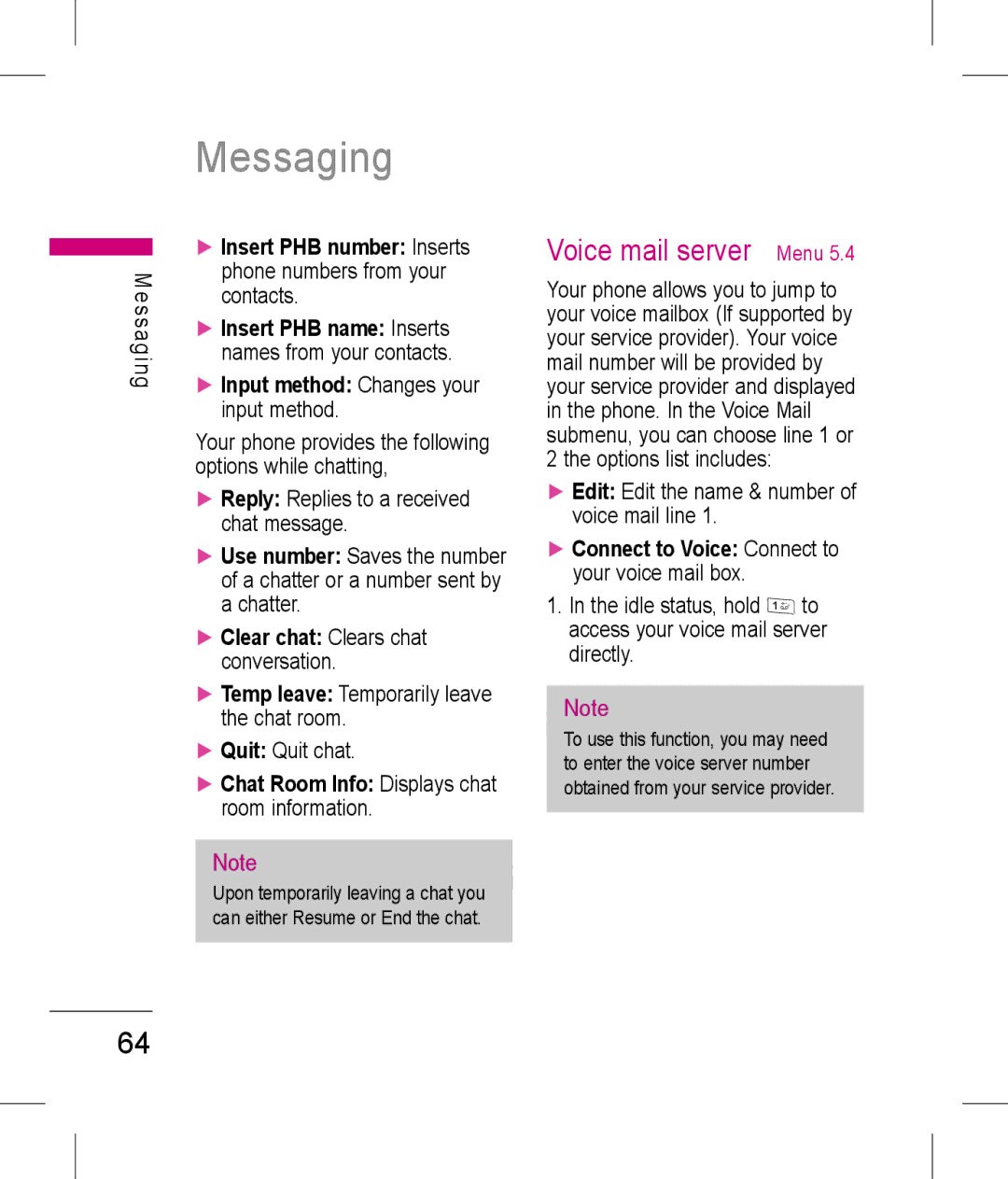 LG Electronics KP199 manual Voice mail server Menu, Insert PHB number Inserts phone numbers from your contacts 