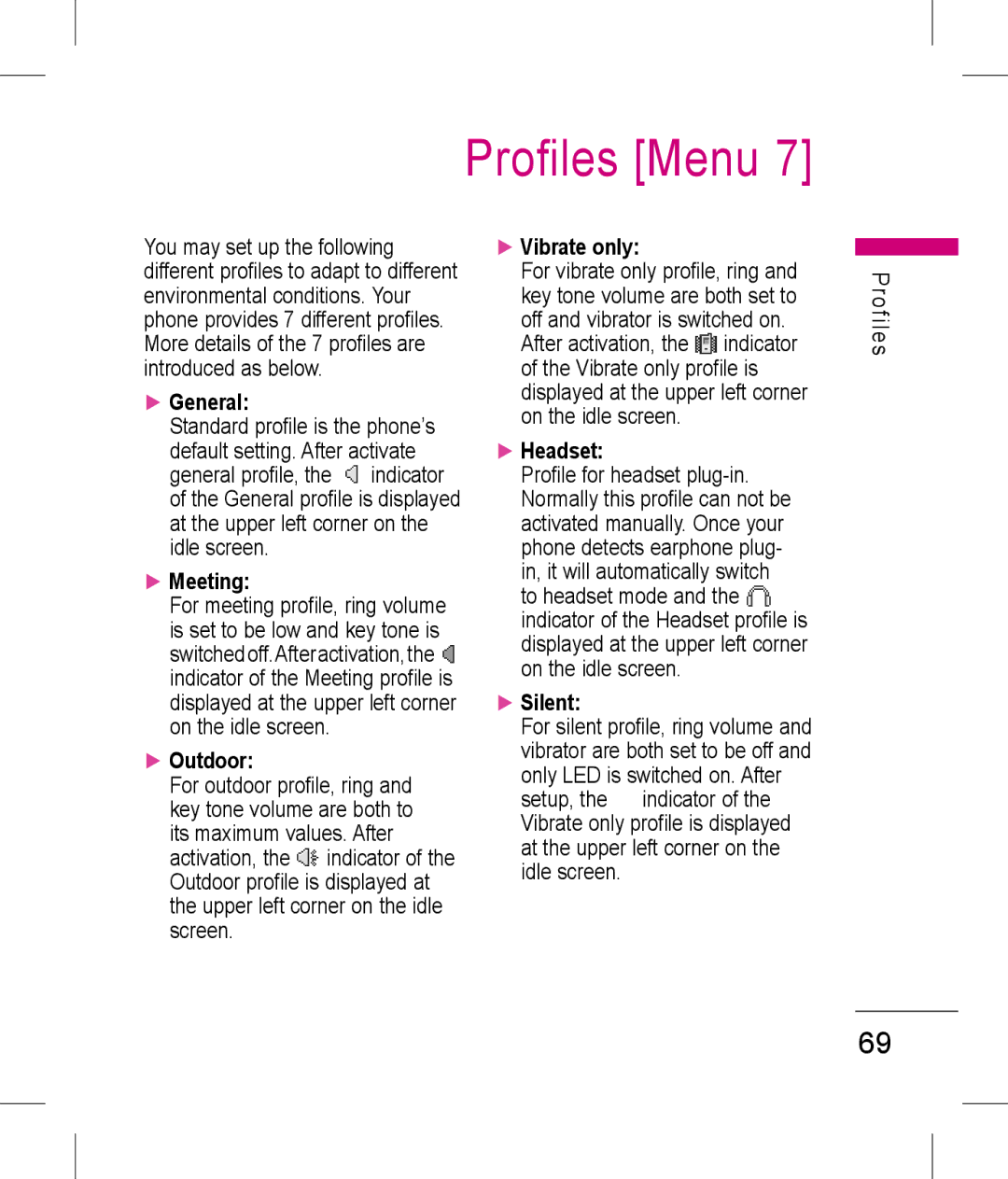 LG Electronics KP199 manual Profiles Menu 